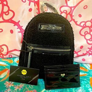 Juicy Couture Black Mini Sherpa Backpack w/ Patent Leather Cardholder